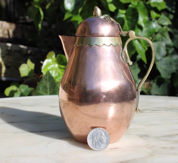 Antique Tea Pot Blue Enamel Chinese Solid Copper w/Brass Handle 6.25" Vintage