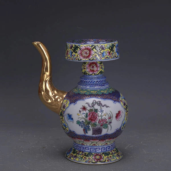 7.7"ChinaColour Enamels Porcelain Gild Embossed Decoration Flowers Plants Kettle