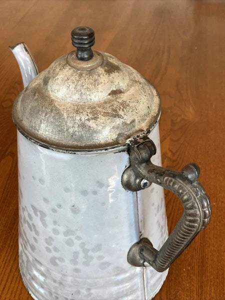 ANTIQUE GREY GRANITEWARE ENAMEL COFFEE TEAPOT IRON HANDLE WOOD KNOB PAT OCT 1889