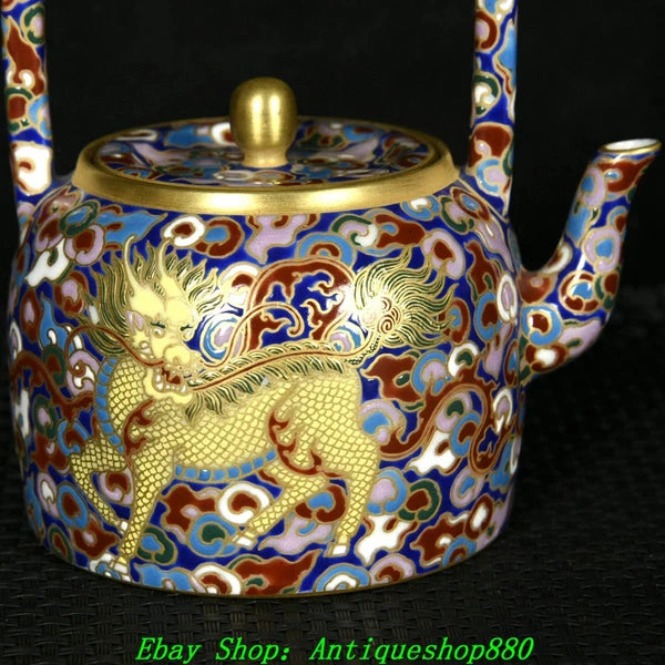 4.9''Qing Qianlong Marked Enamel Colour Porcelain Gold Kylin Wine Tea Pot Flagon-
