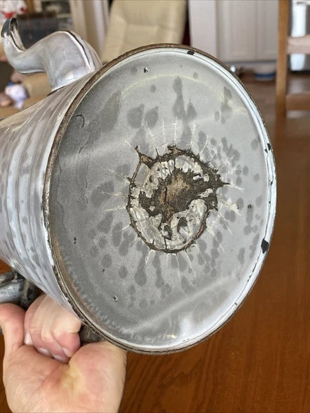 ANTIQUE GREY GRANITEWARE ENAMEL COFFEE TEAPOT IRON HANDLE WOOD KNOB PAT OCT 1889