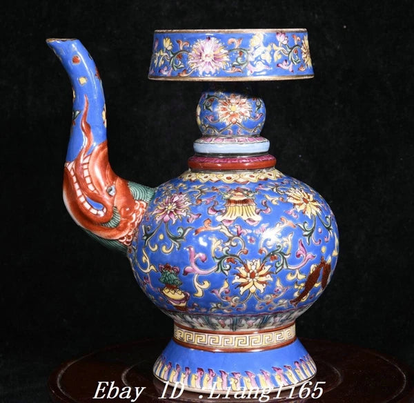 8'' Enamel Colour Porcelain Gilt Dragon Head 8 Auspicious Symbol Tea Pot Flagon-