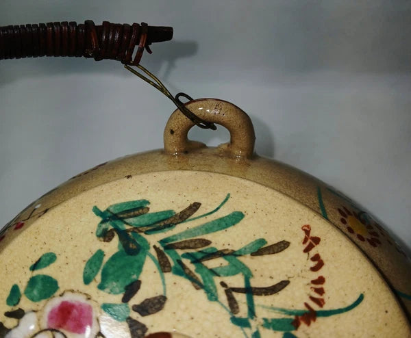 Antique Japanese Yellow Ware Ceramic Famille Rose Raised Enamel Teapot