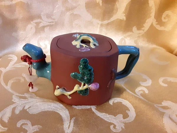 Chinese Yixing Clay Teapot w/Teal Enamel Handle & Winter Friends Signed