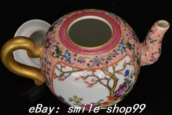 7" Qianlong Dynasty Enamel Colour Porcelain Gilt Fengshui Flower Bird Kettle Pot