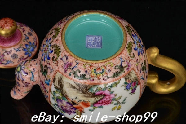 7" Qianlong Dynasty Enamel Colour Porcelain Gilt Fengshui Flower Bird Kettle Pot