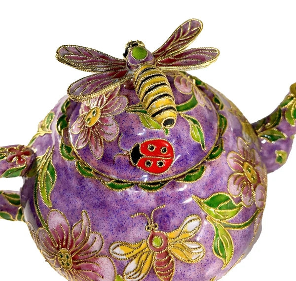 Bumblebee Ladybug Cloisonne Enamel Teapot Purple Floral Accents VintageTea Pot