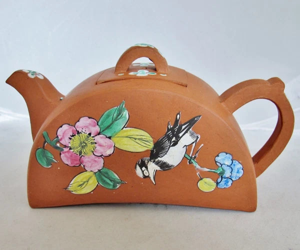 Chinese YIXING Clay Teapot w/ Enameled Bird, Branches & Flowers (6.7")