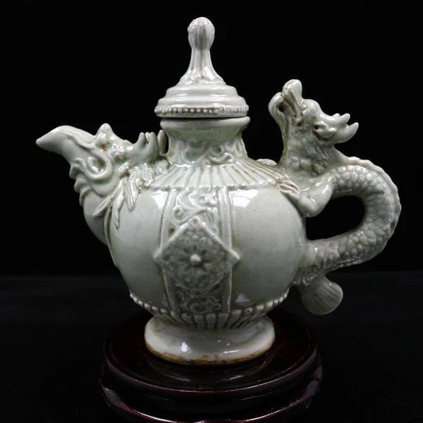 9.10in Chinese Song Celadon Cracked Porcelain Carved Dragon Teapot