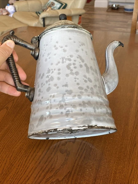 ANTIQUE GREY GRANITEWARE ENAMEL COFFEE TEAPOT IRON HANDLE WOOD KNOB PAT OCT 1889