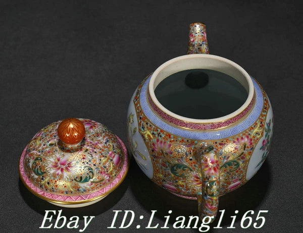 5'' Qing Qianlong Enamel Colour Porcelain Gold Peony Flower Wine Tea Pot Flagon-
