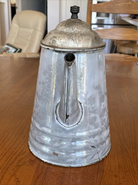 ANTIQUE GREY GRANITEWARE ENAMEL COFFEE TEAPOT IRON HANDLE WOOD KNOB PAT OCT 1889