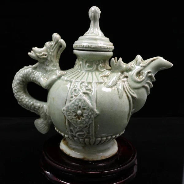 9.10in Chinese Song Celadon Cracked Porcelain Carved Dragon Teapot