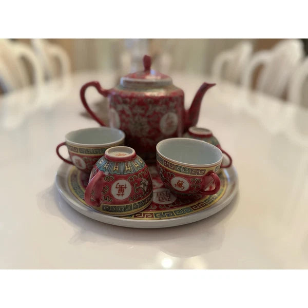 Chinese Wan Shou Wu Jiang Red Enamel Tea Set