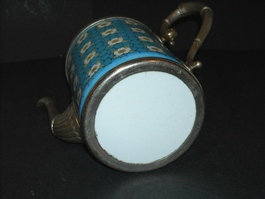 Pewter-Trimmed Blue & White Graniteware APPLE BLOSSOM Teapot - Enamel Ware