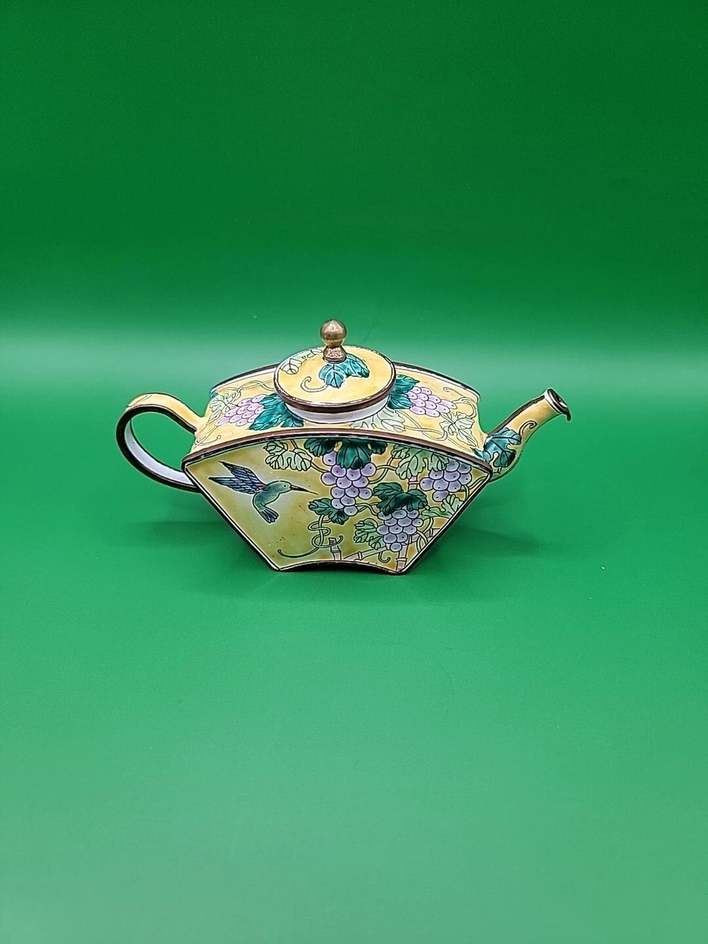 Kelvin Chen Miniature Teapot Porcelain Piece With Hummingbird and Grapes