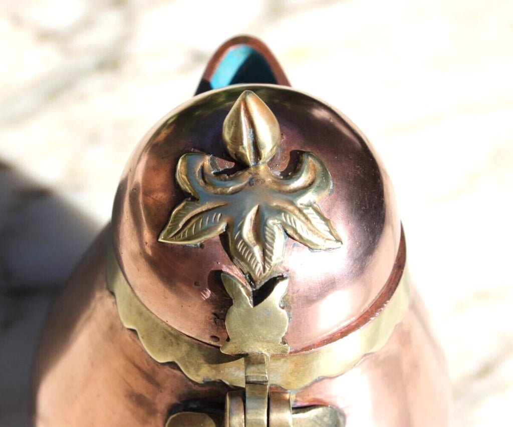 Antique Tea Pot Blue Enamel Chinese Solid Copper w/Brass Handle 6.25" Vintage