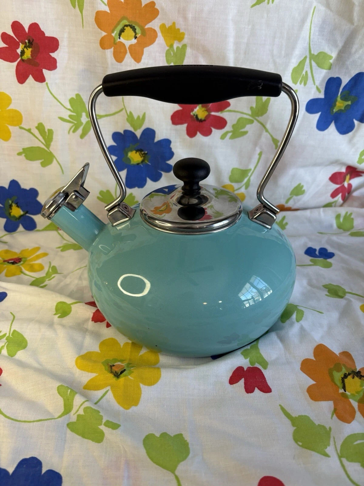 Vintage Chantal Tea Kettle 1.8 QT Enamel Whistling Pot Aqua Teal Blue