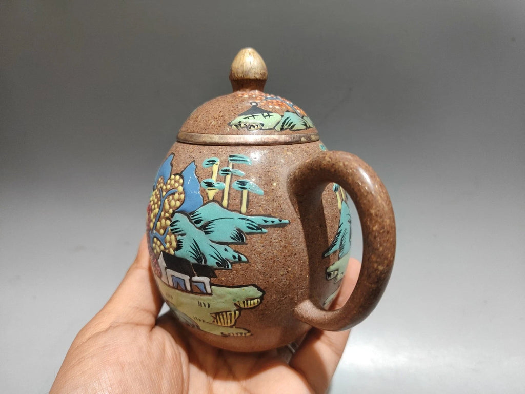 Purple Clay Tea Set Teapot Kettle Ceramic Carving Enamel Dragon Egg Landscape