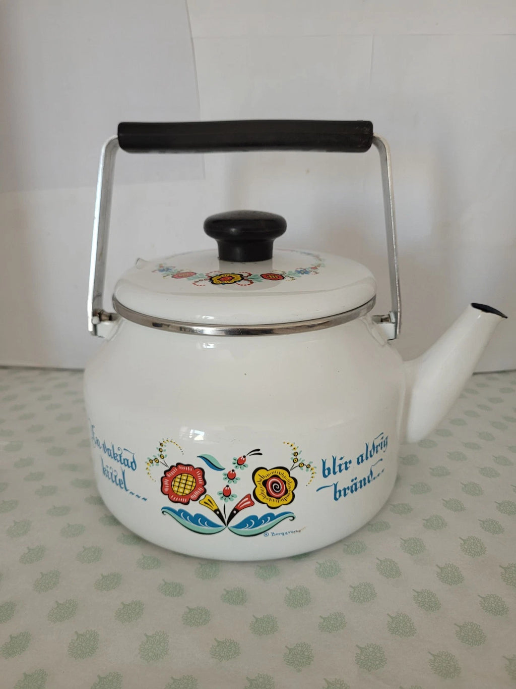 VINTAGE BERGGREN SWEDISH ENAMELWARE TEAPOT TEA KETTLE ROSEMALING FOLK ART