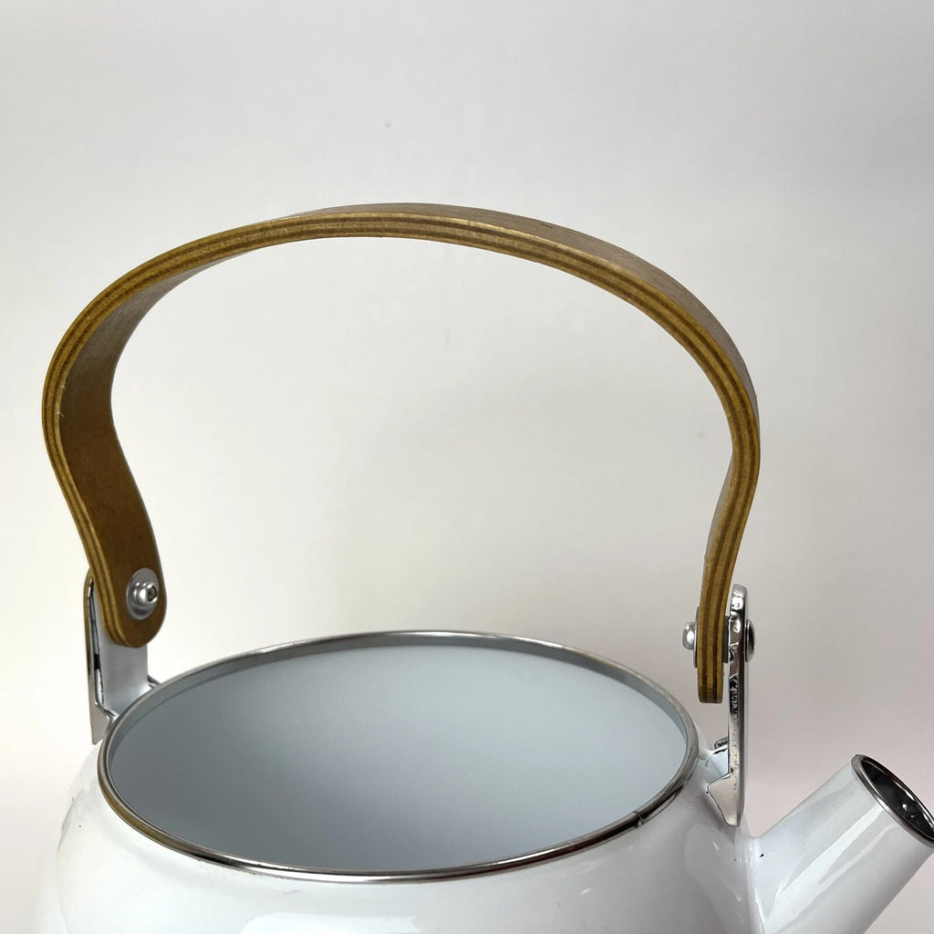 Vtg Enamel Tea Kettle With Pig And Plastic Corn Lid Handle Wood Handle