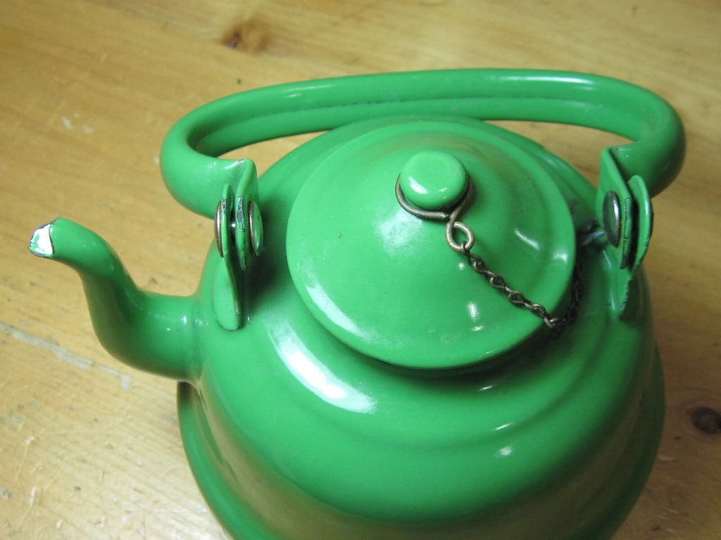 VTG GREEN ENAMEL WARE GRANITE TEAPOT METAL RUSTIC DECOR FARMHOUSE YUGOSLAVIA 14