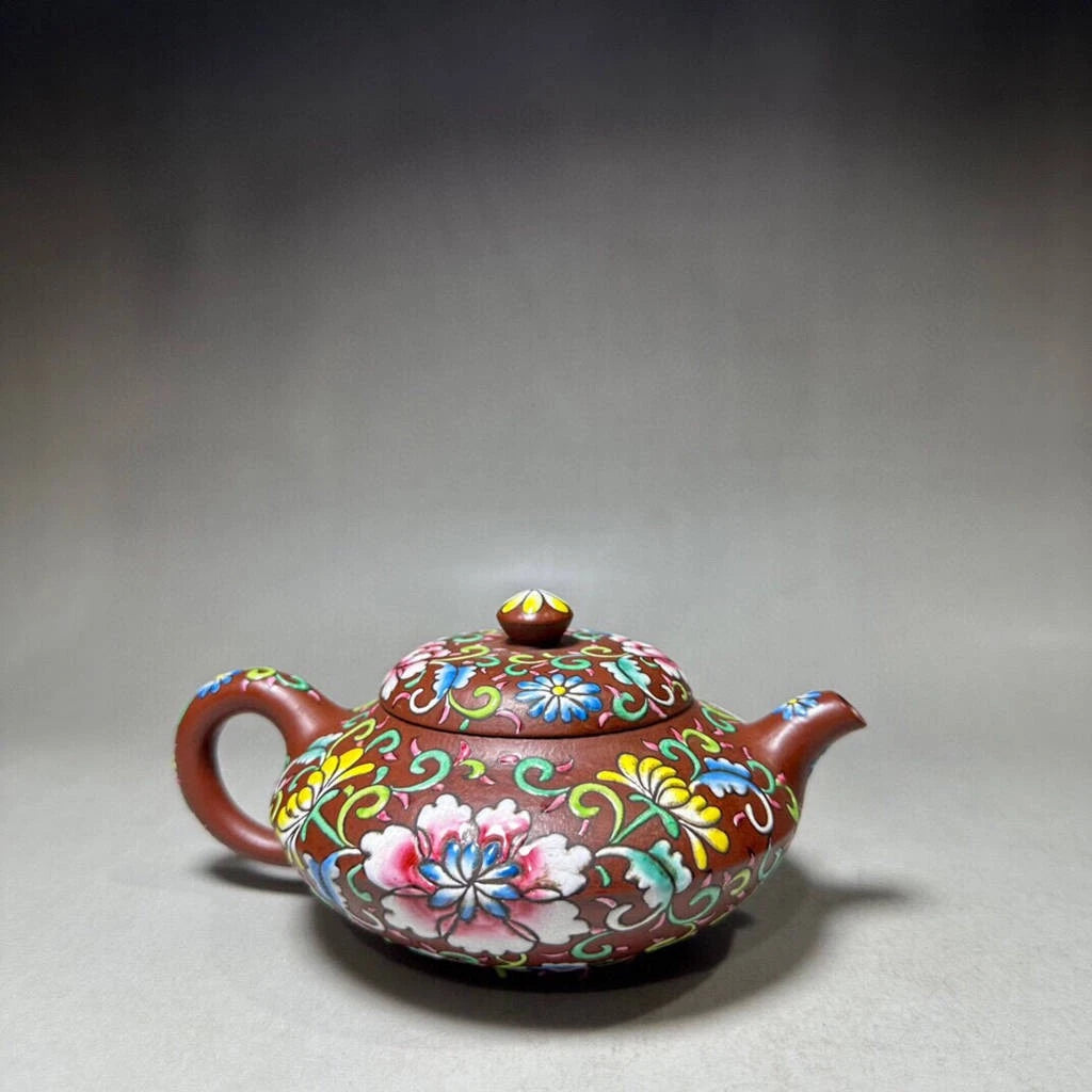 Chinese Yixing Zisha Clay Handmade Enamel Colour Flowers&Plants Teapots 15733