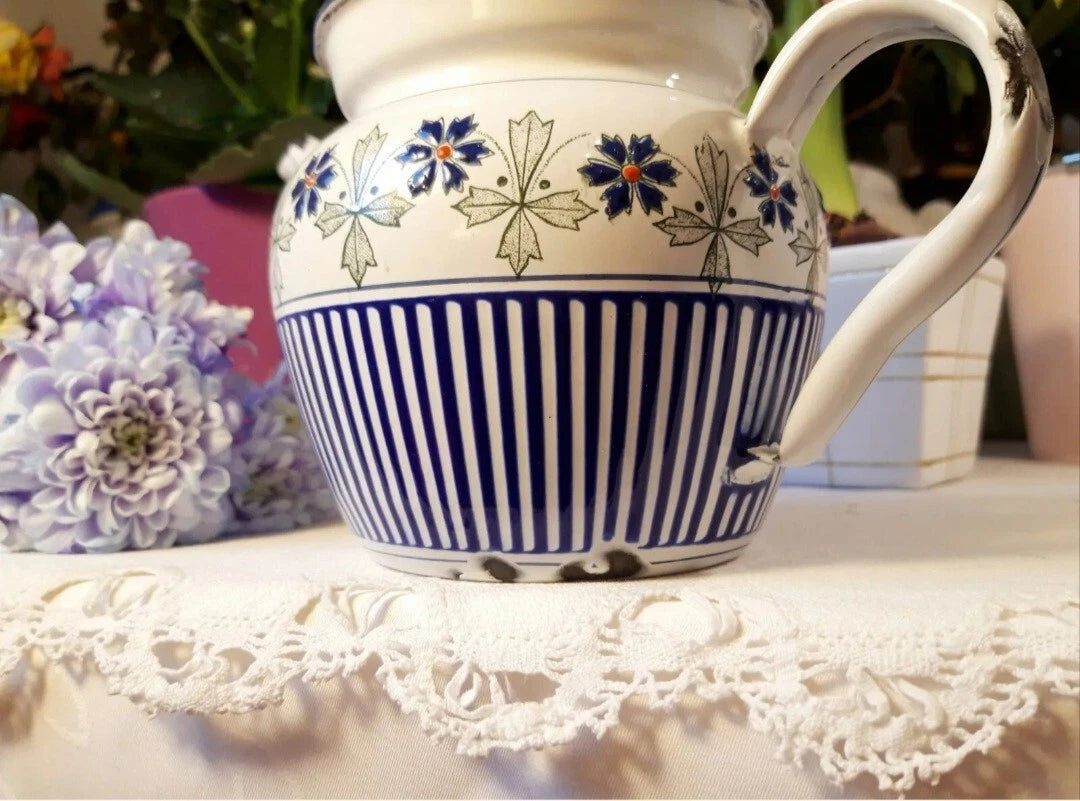 RARE antique enameled french teapot BB freres blue flowers stripes 1930 Art Deco