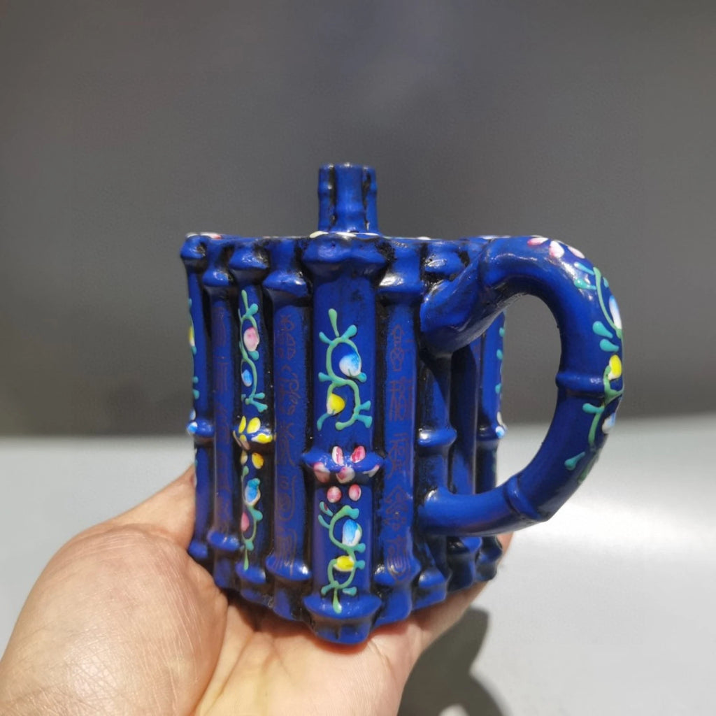 Chinese Clay Pot Purple Sand Fired Bamboo Enamel Square Sculpture Oriental Decor