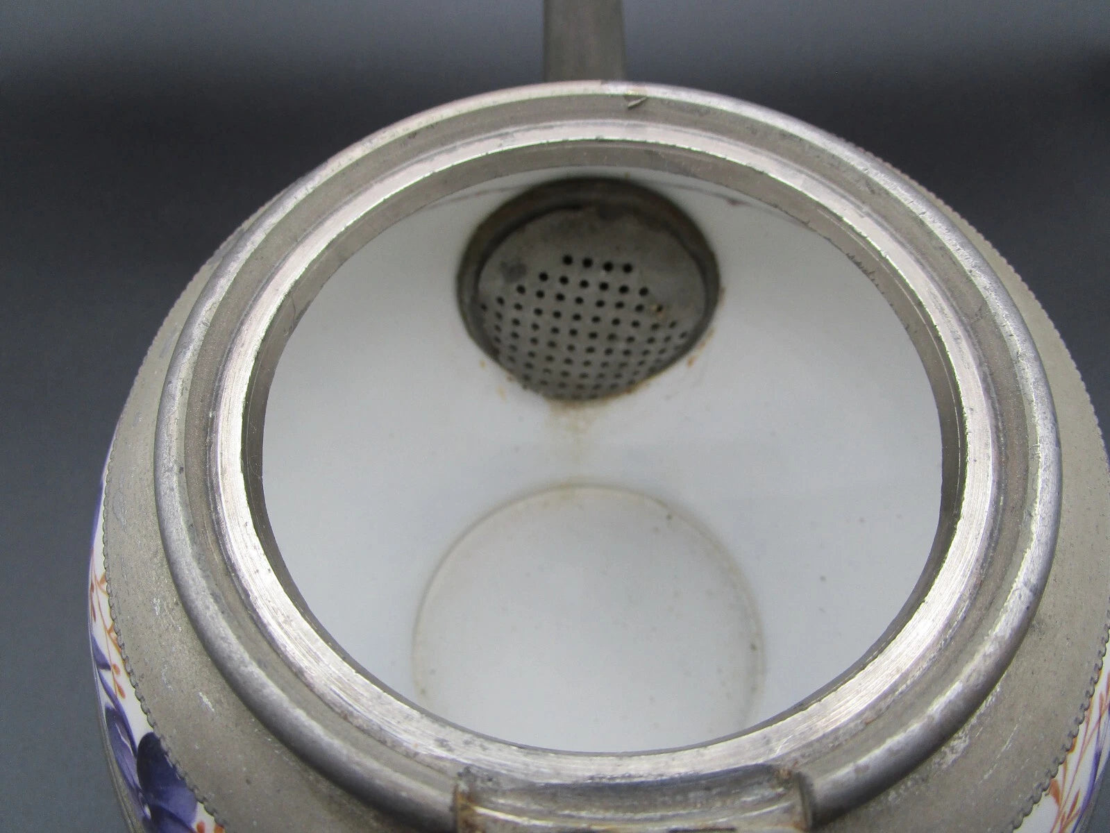 Graniteware enamel pewter teapot purple floral design Manning, Bowman Co.