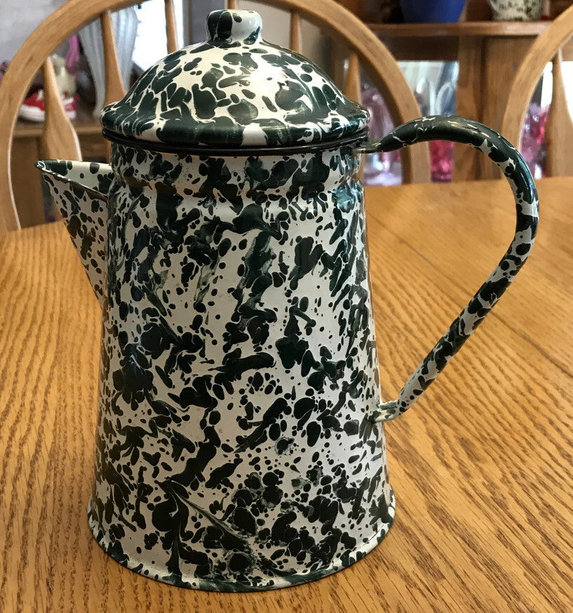 Green & White Speckled Enamel Lot Of 3 Coffee Tea Pot, Rectangle & Round Pan B38
