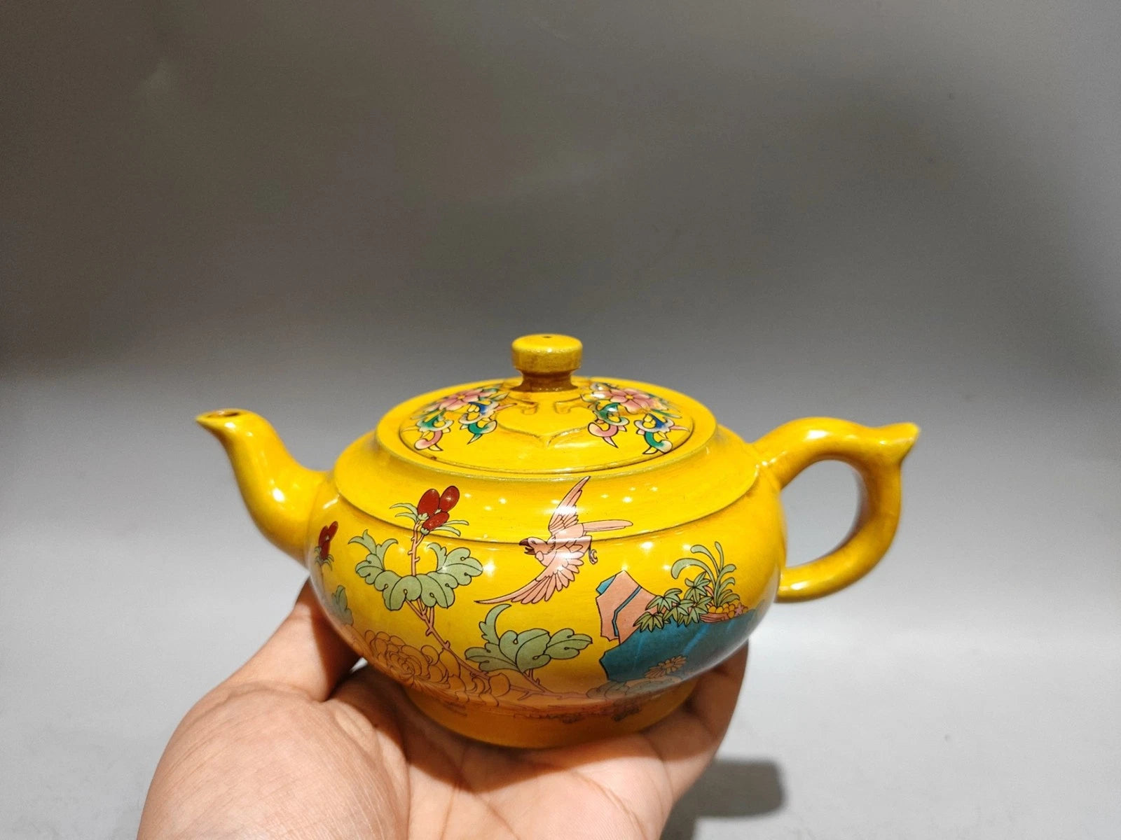 Yixing Purple Teapot Ornament Exquisite Figurine Enamel Painted Floral Motif