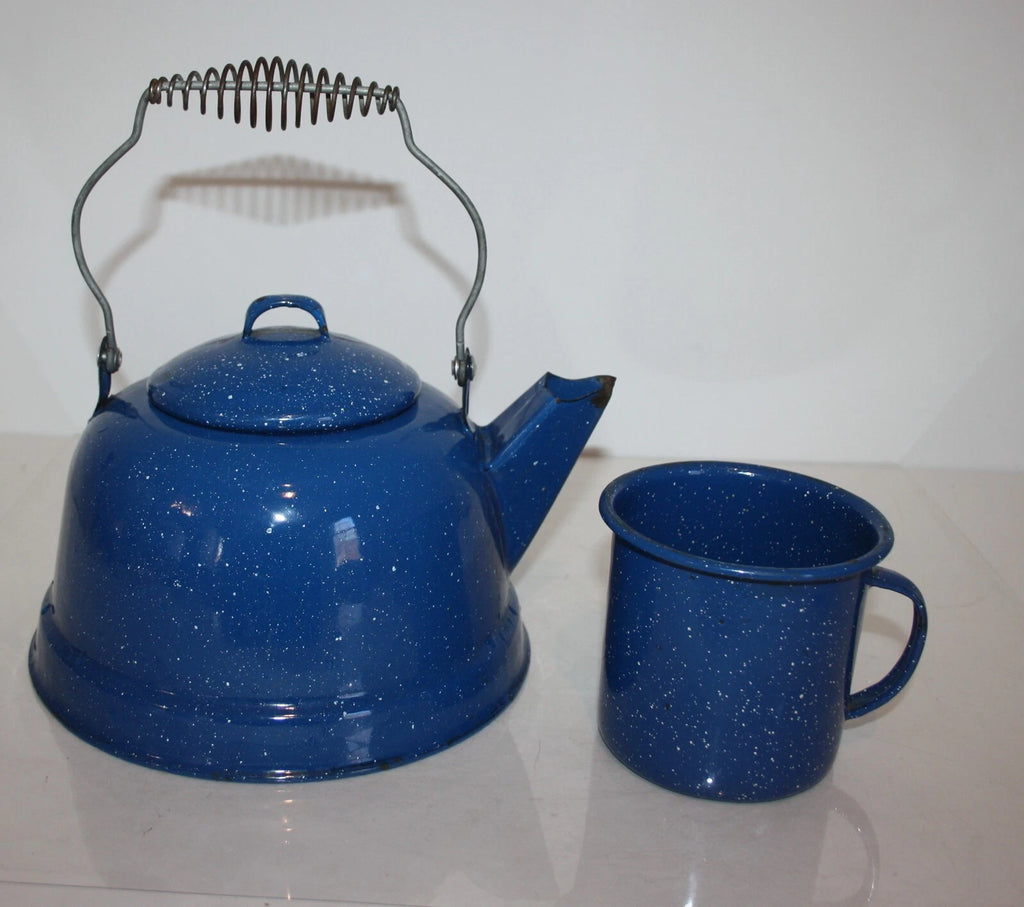 Blue Speckled Enamelware 10 Cup Coffee Teapot and Cup