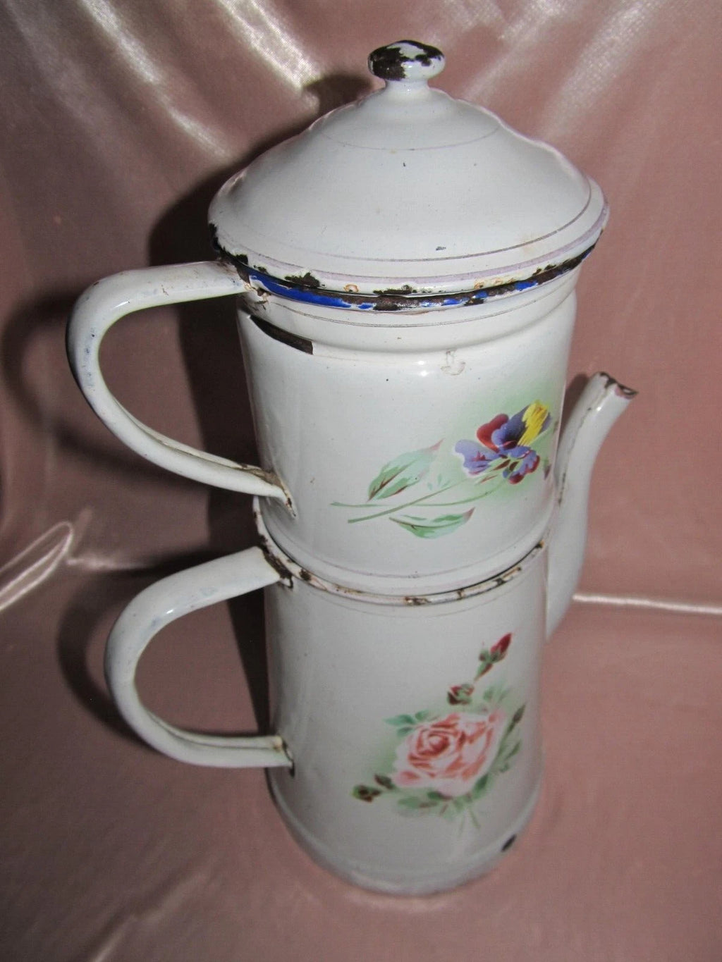 Large White Enamel Coffee Pot With Rose And Pansy Decoration H 36 Cm
