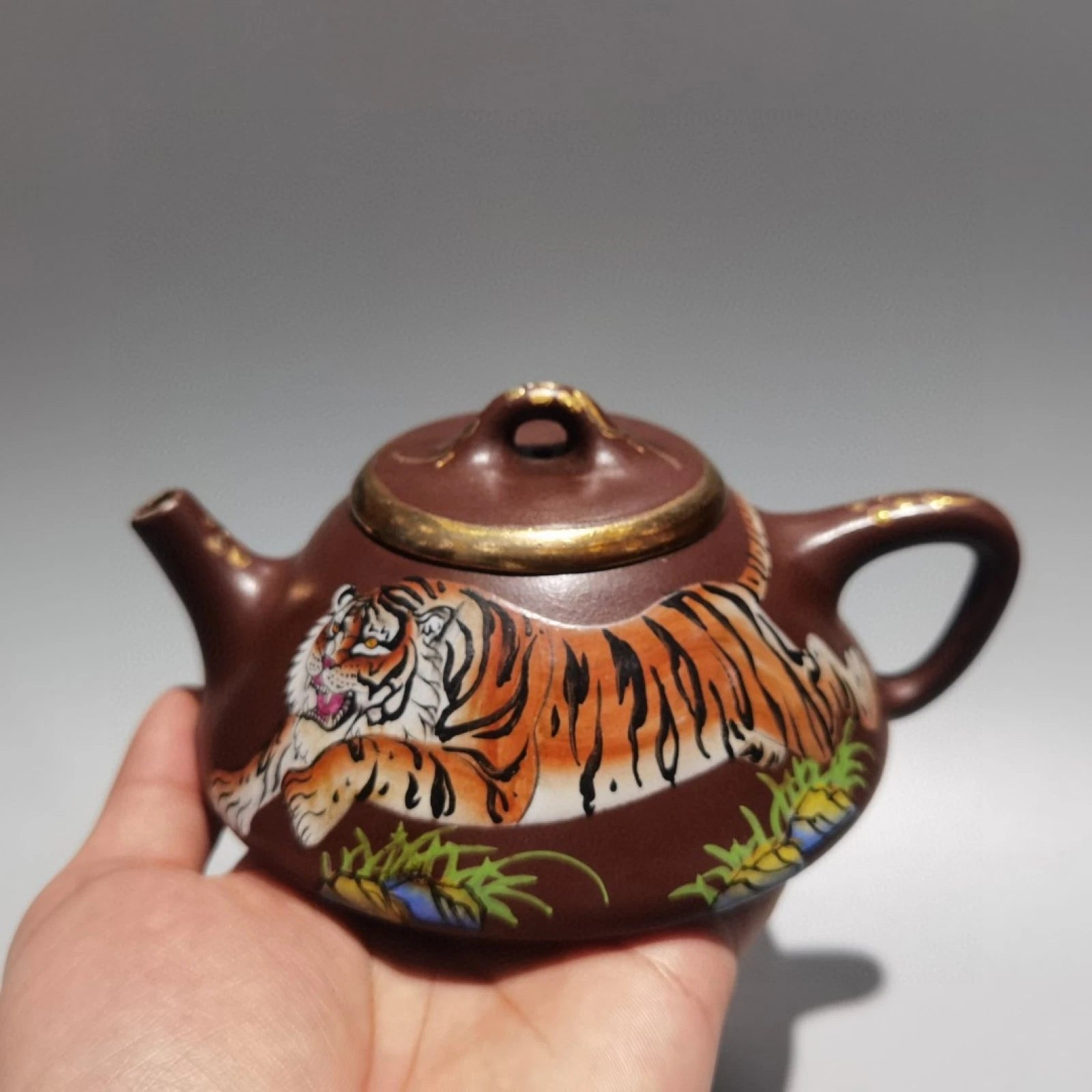 Yixing Purple Clay Teapot Hand-Coiled Ceremony Drainer Enameled Gilded Sculpted