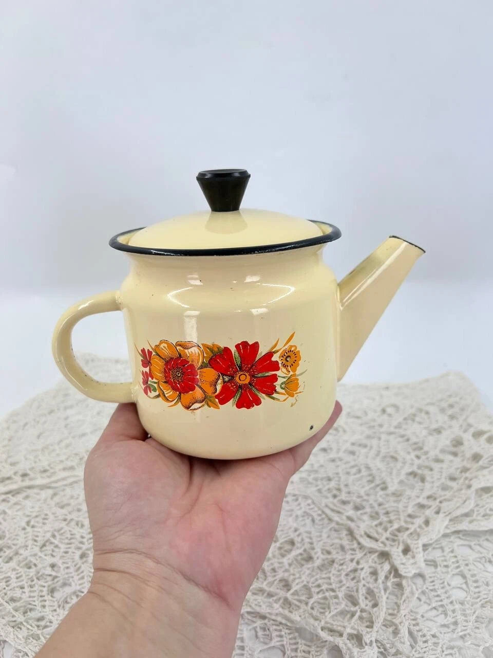 Vintage yellow enameled kettle pitcher 0.5 l Kitchen enamel coffee pot Metal tea