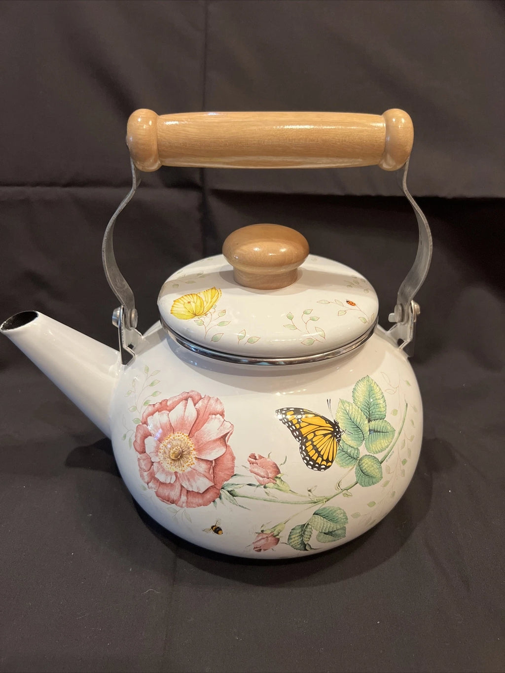 Lenox Butterfly Meadow Floral Enamel Tea Pot Teapot Kettle with Minor Issues