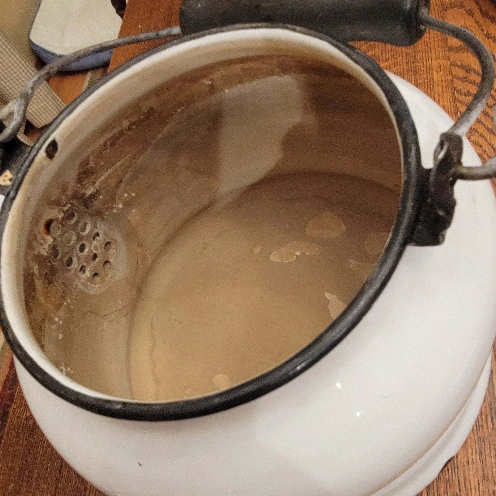 Vintage Enamelware Tea Kettle White Black