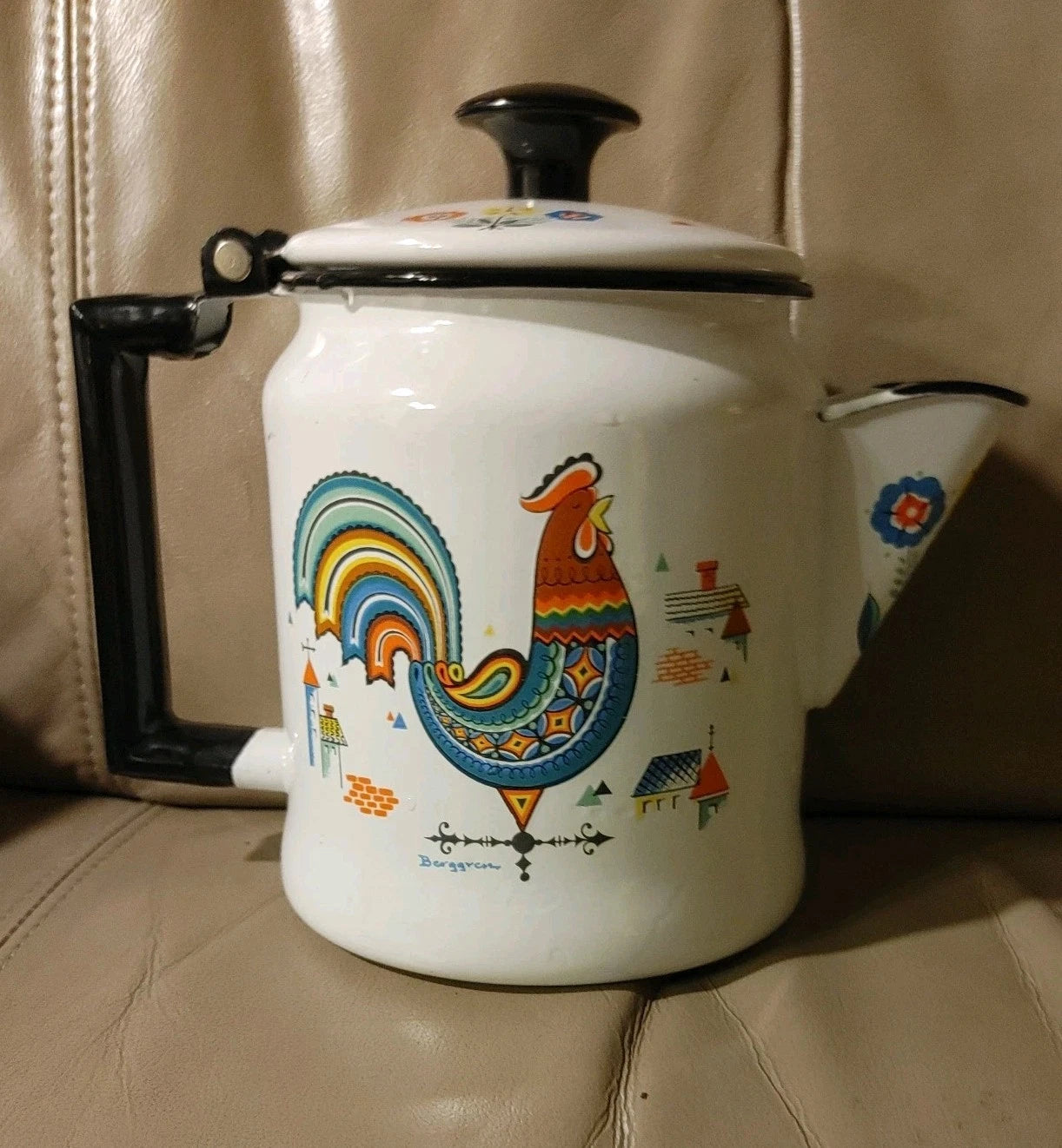 Vintage BERGGREN Enamel Coffee Pot Kettle Swedish Rooster Flower EXQUISITE Shape