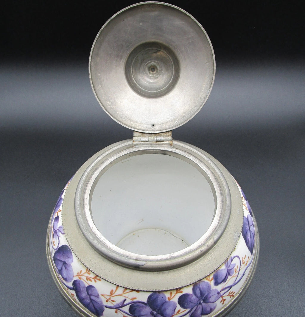 Graniteware enamel pewter teapot purple floral design Manning, Bowman Co.