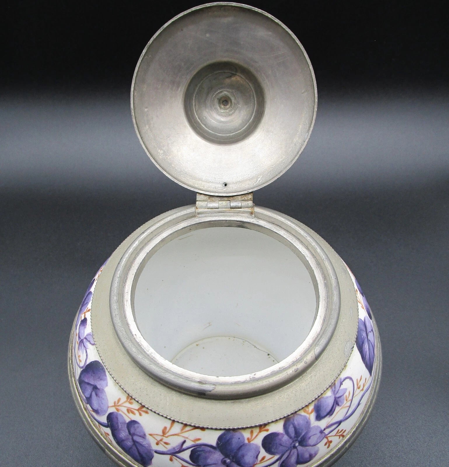 Graniteware enamel pewter teapot purple floral design Manning, Bowman Co.