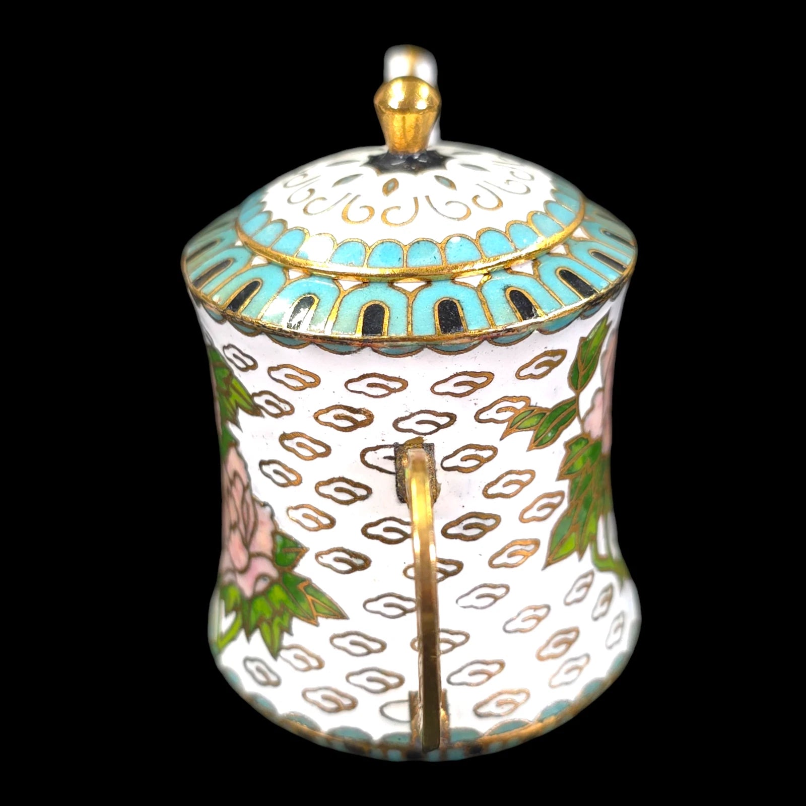 Vintage Enamel Cloisonne Miniature Teapot, Pink Rose Floral, Turquoise, 2.5" H