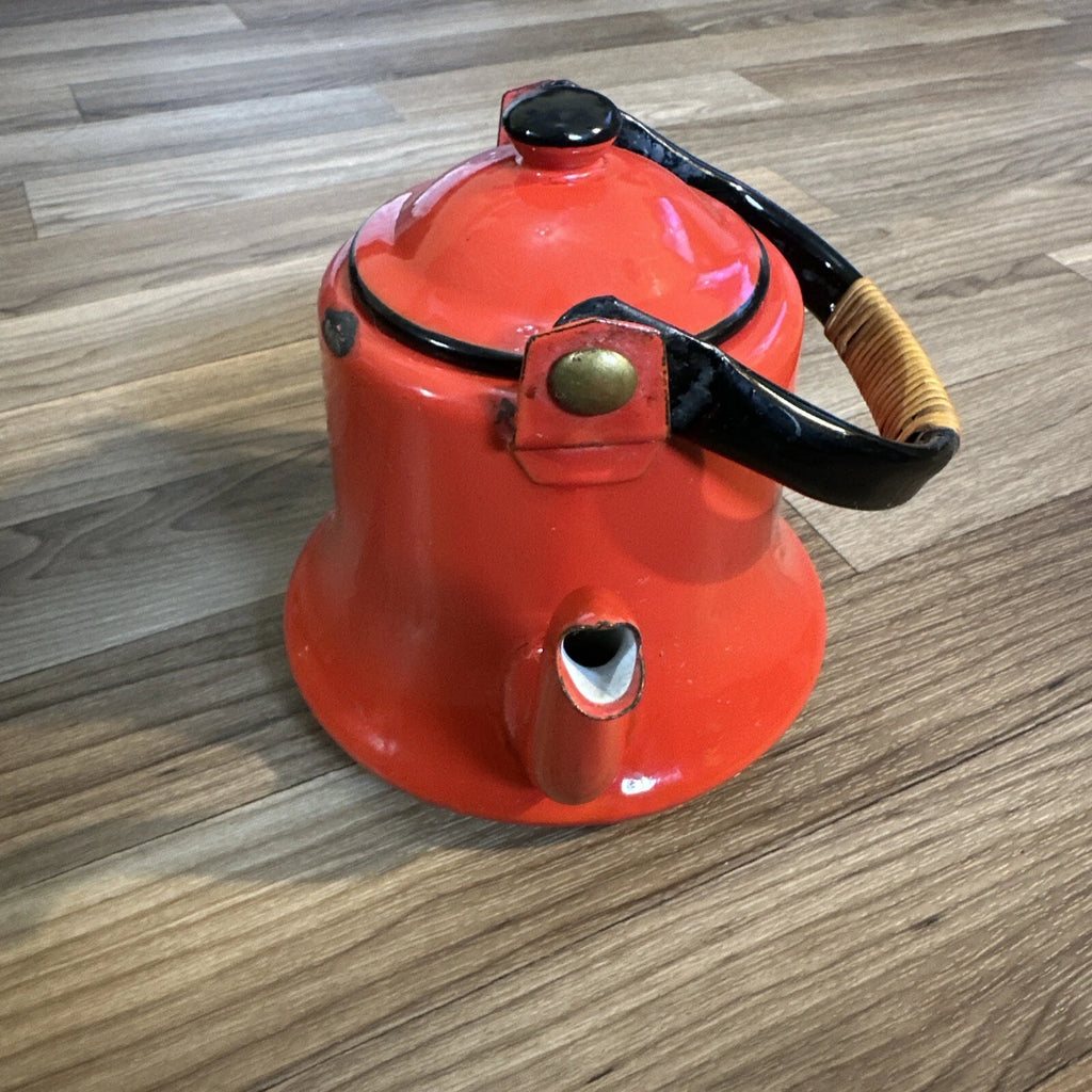 Vintage Midcentury Modern Enamelware Teapot OTTO Japan Bamboo Handle Preowned