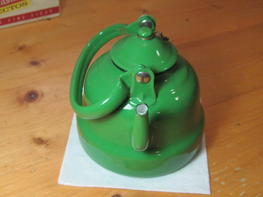 VTG GREEN ENAMEL WARE GRANITE TEAPOT METAL RUSTIC DECOR FARMHOUSE YUGOSLAVIA 14