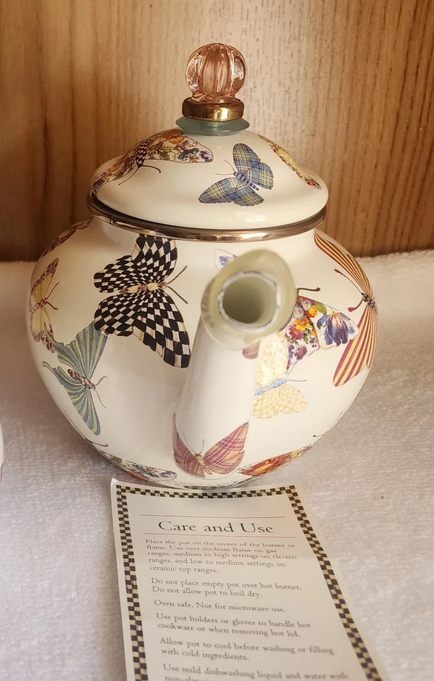 Retired - Mackenzie Childs White Butterfly Garden 4 Cup Teapot NWOT