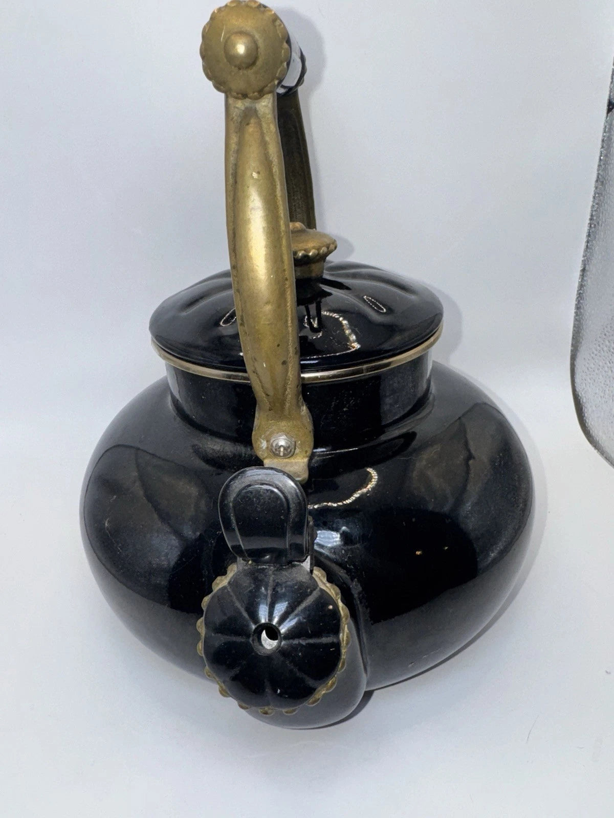 Vintage Black Enamel Tea Kettle with Brass Handle & Lid Farmhouse Kitchen Decor