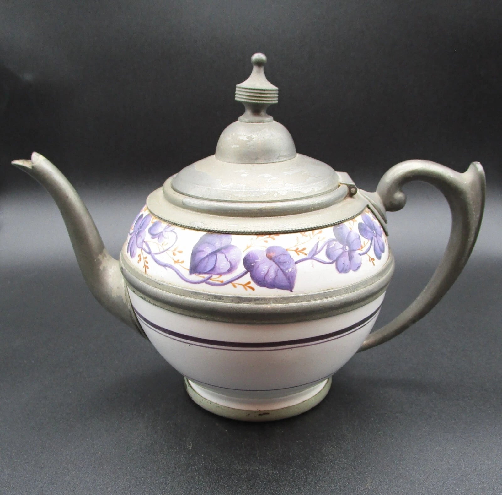 Graniteware enamel pewter teapot purple floral design Manning, Bowman Co.