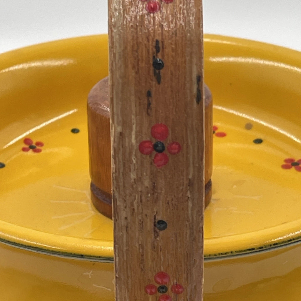 Vtg Hand Painted MCM Yellow Enamel Tea Kettle with Teak Wood Handle and Knob