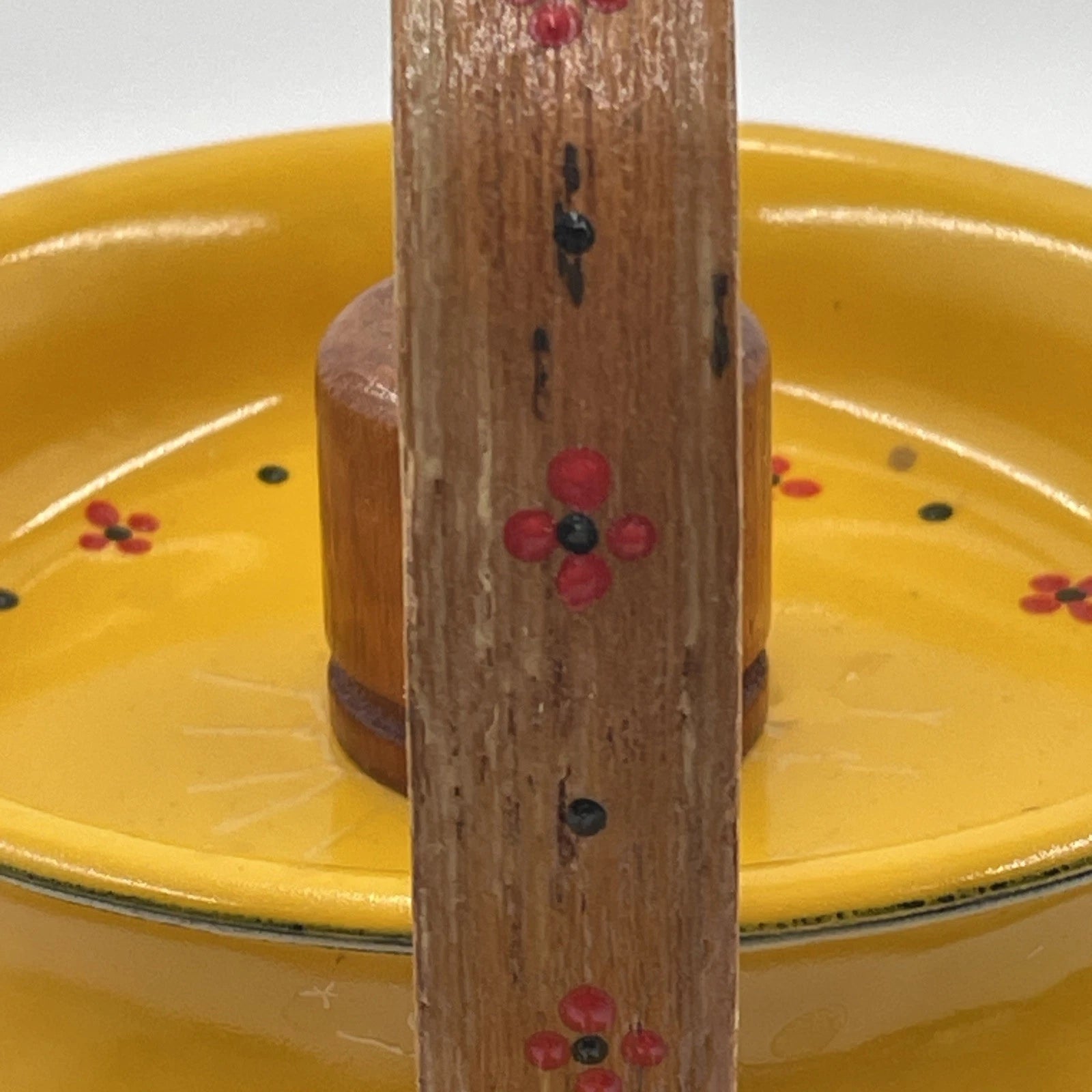 Vtg Hand Painted MCM Yellow Enamel Tea Kettle with Teak Wood Handle and Knob