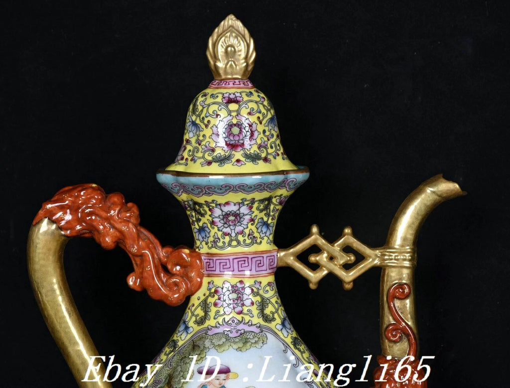 12.5" Qing Enamel Colour Porcelain Gilt Dragon Handle Beauty Wine Tea Pot Flagon-
